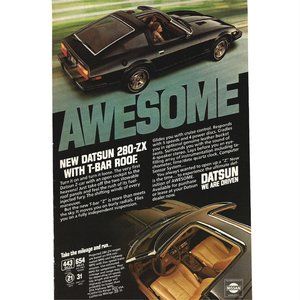 Nissan Datsun T Bar Roof 280 ZX Sports Car 1980s Vintage Print Ad 9 inch